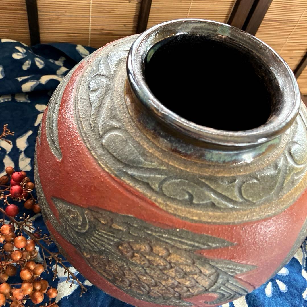 壺屋焼 小橋川清正 赤絵魚紋壺 伝統工芸 花瓶 沖縄 やちむん 陶芸 壺