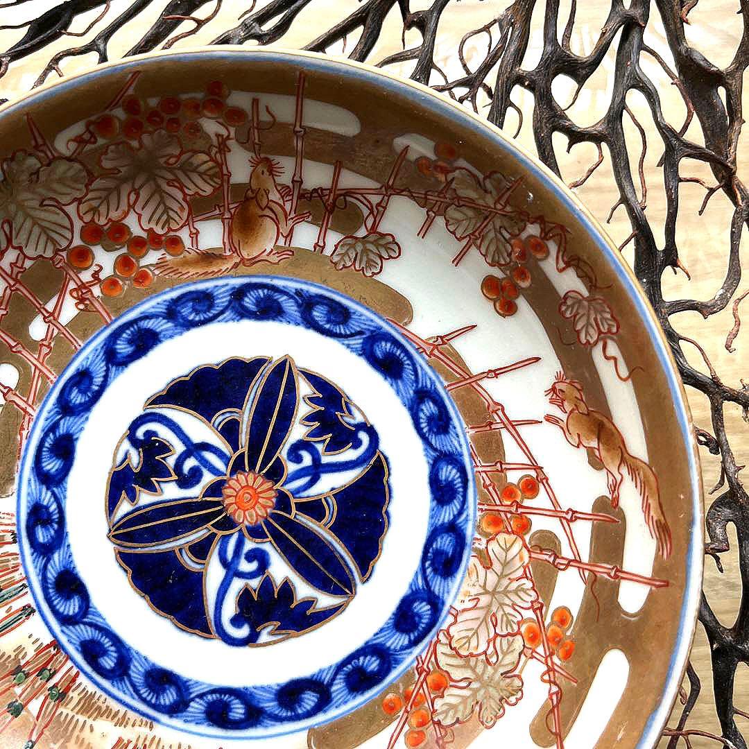 骨董 古伊万里 金彩色絵 希少図案 栗鼠 木賊 山葡萄 膾皿 中皿 1