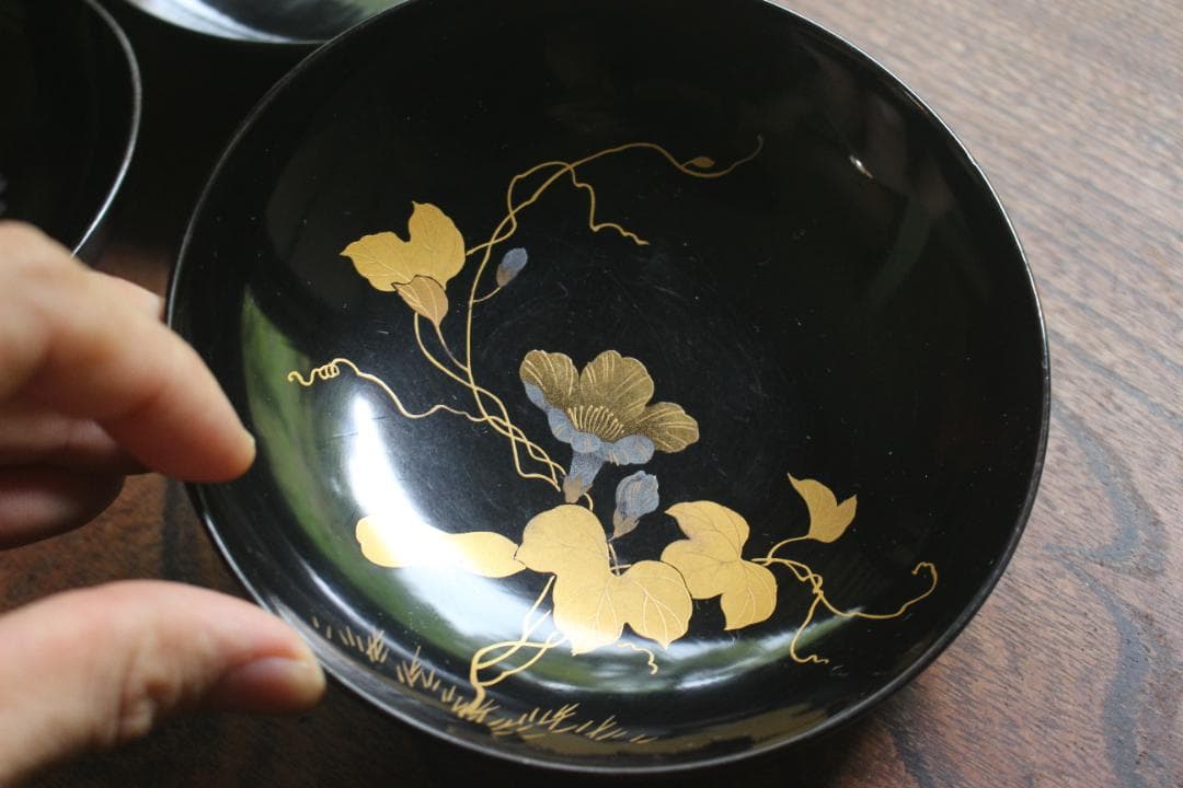小傷有！時代黒漆に極上草花蒔絵の映える煮物椀5点（検輪島塗京塗蒔絵椀雑煮椀