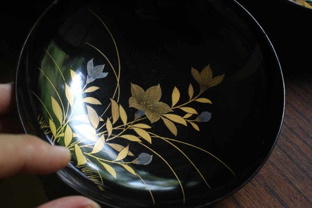 小傷有！時代黒漆に極上草花蒔絵の映える煮物椀5点（検輪島塗京塗蒔絵椀雑煮椀