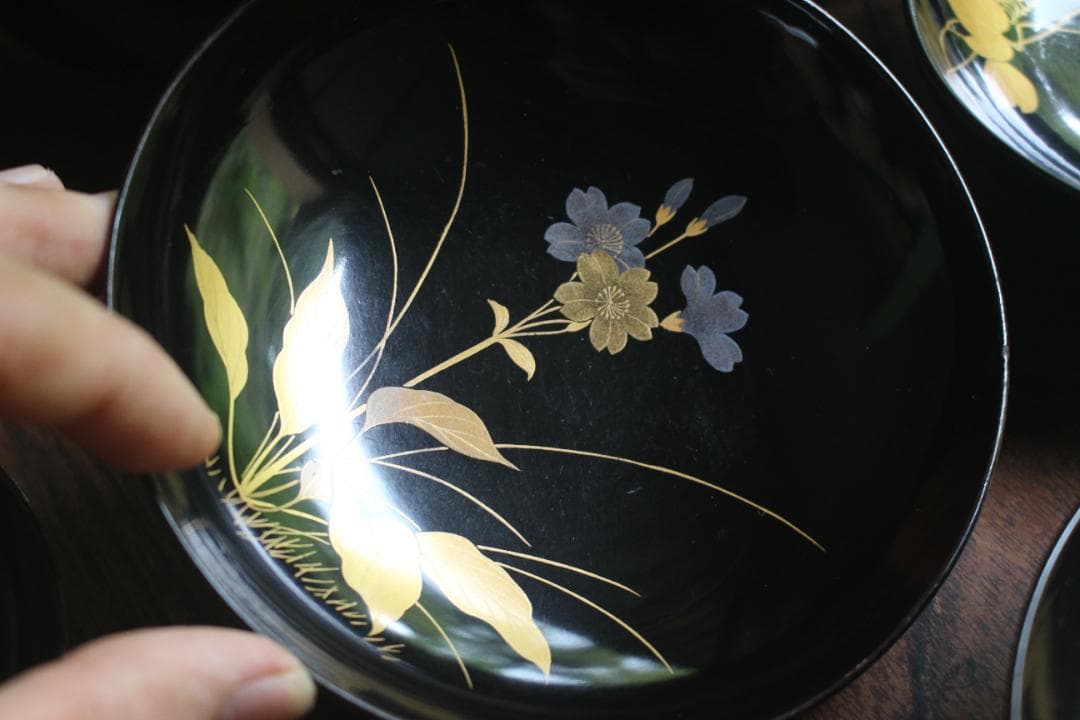 小傷有！時代黒漆に極上草花蒔絵の映える煮物椀5点（検輪島塗京塗蒔絵椀雑煮椀