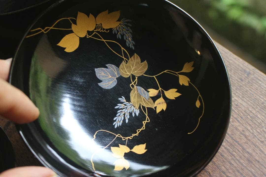 小傷有！時代黒漆に極上草花蒔絵の映える煮物椀5点（検輪島塗京塗蒔絵椀雑煮椀