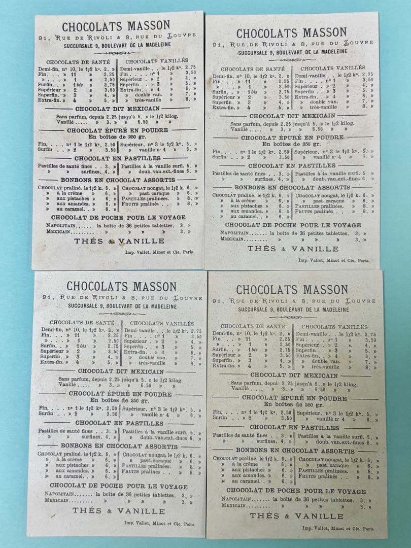 フランスアンティーク　クロモカードCHOCOLAT MASSON 4枚セット