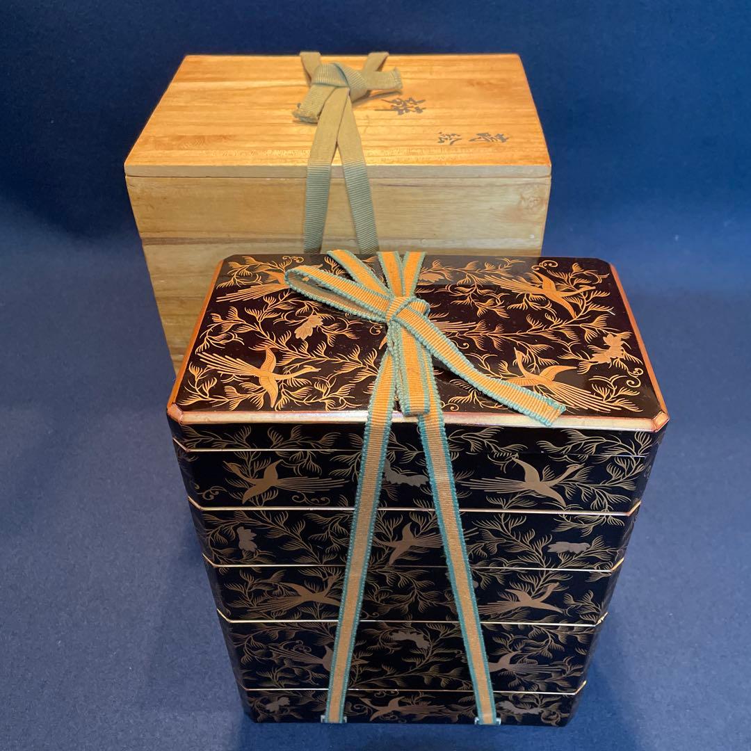 時代物「鳳凰に花唐草紋様 蒔絵」の『野弁当箱』共箱付 重箱 漆器