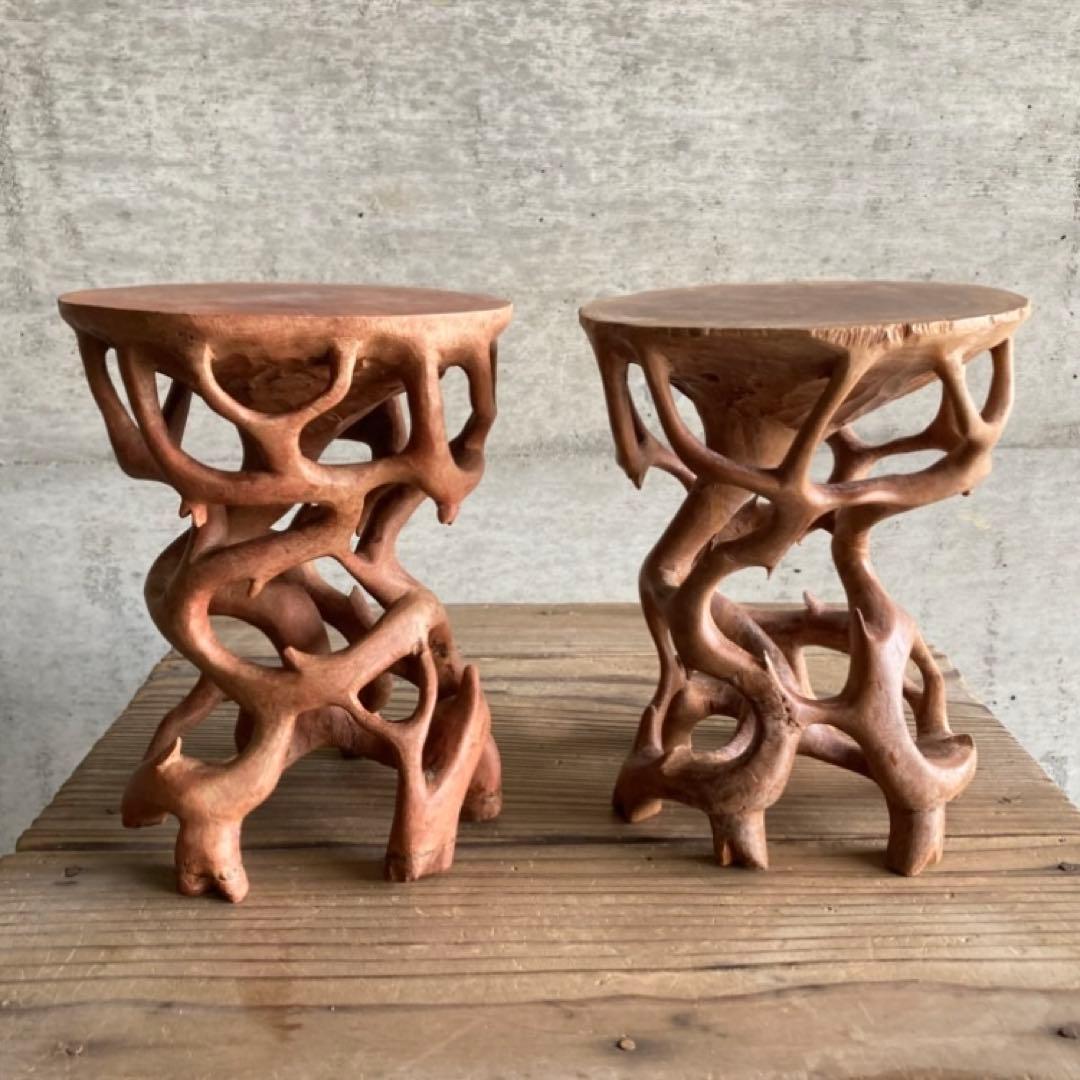根卓 花台 香炉台 置物台 飾り台 盆栽 台座 オブジェ 木製 2点 レトロ 送料無料 自然木 木の根 座卓 低い テーブル W100cm 花台 盆栽卓 根卓
