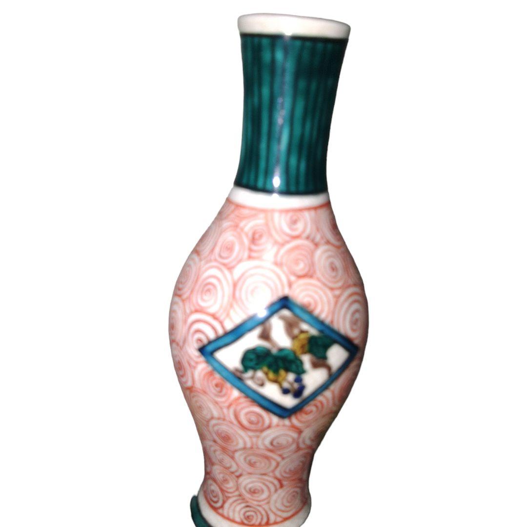 青手九谷焼 山水楼閣文瓢箪徳利 一輪差し 高さ28.5cm位