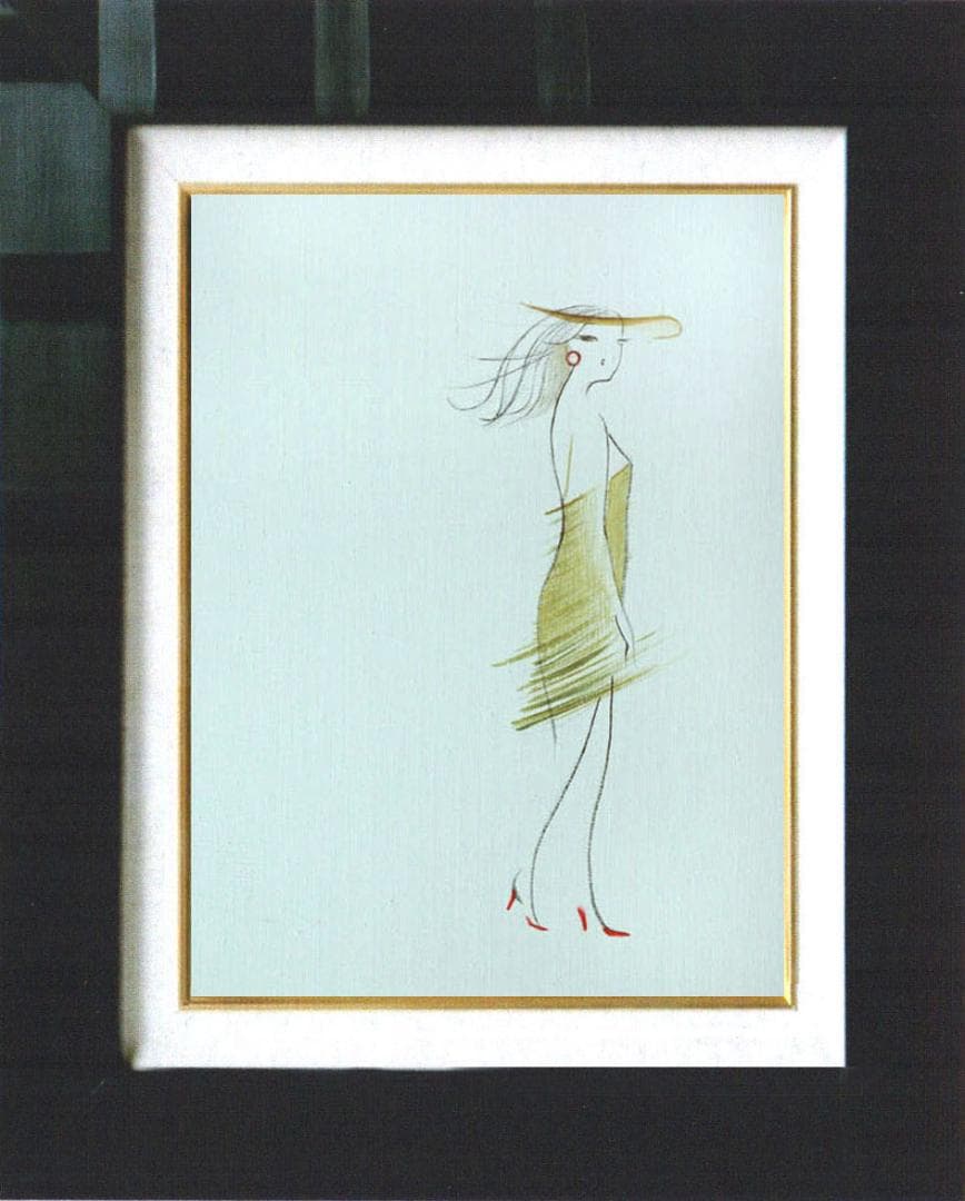 油絵 菅家令子 絵 絵画インテリア額付(青緑＋金色の枠) F4-080314女性