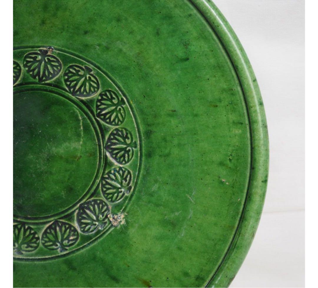 送料無料　江戸時代 源内焼　緑釉葵紋皿　径21cm