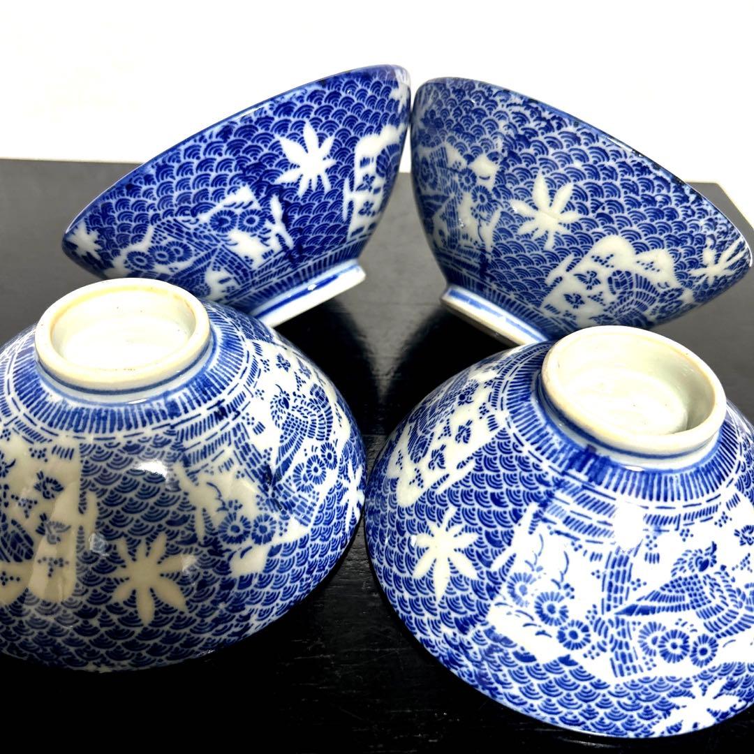 骨董品 古伊万里 転写 印判 青海波鳥柄 蓋付茶碗 蓋付小鉢