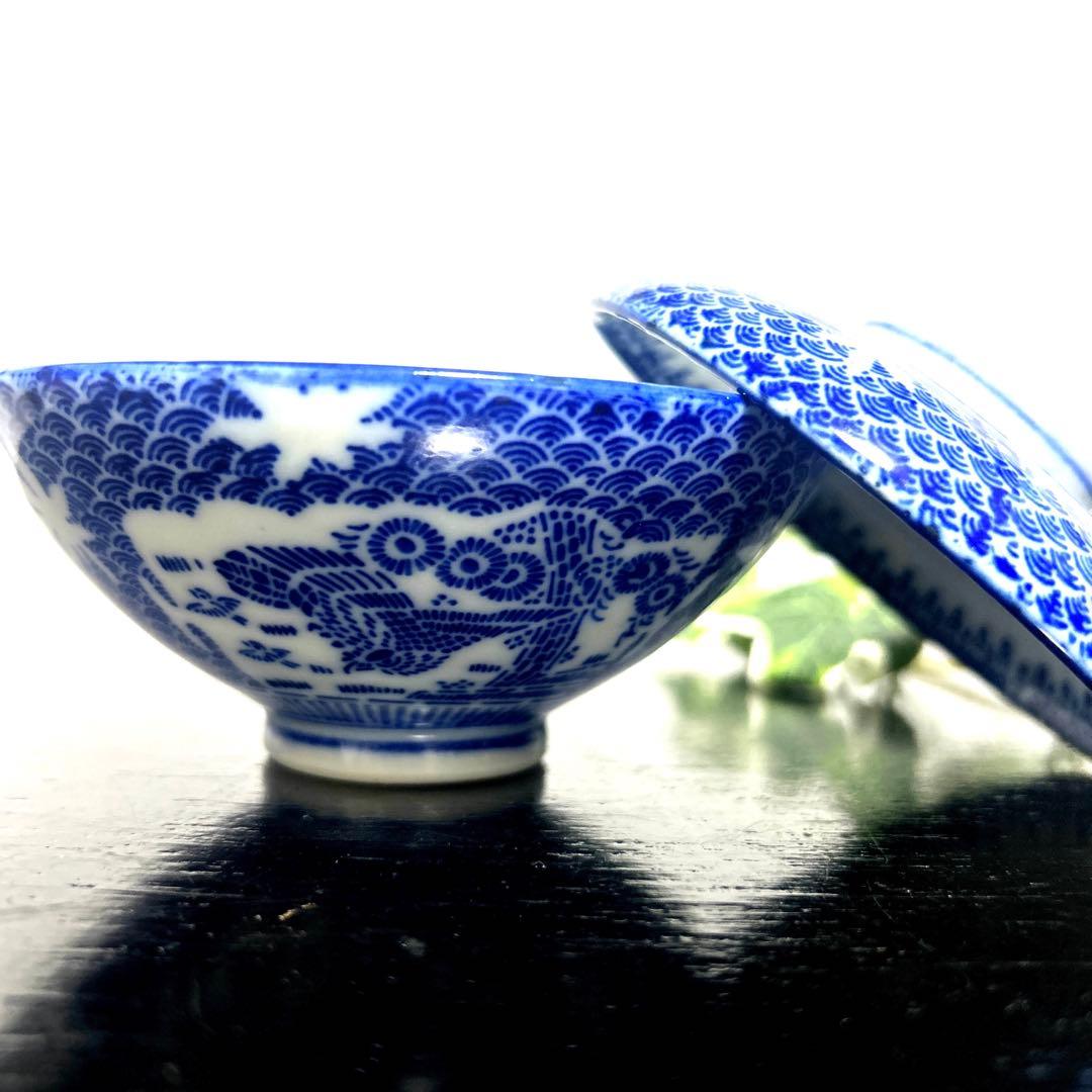 骨董品 古伊万里 転写 印判 青海波鳥柄 蓋付茶碗 蓋付小鉢