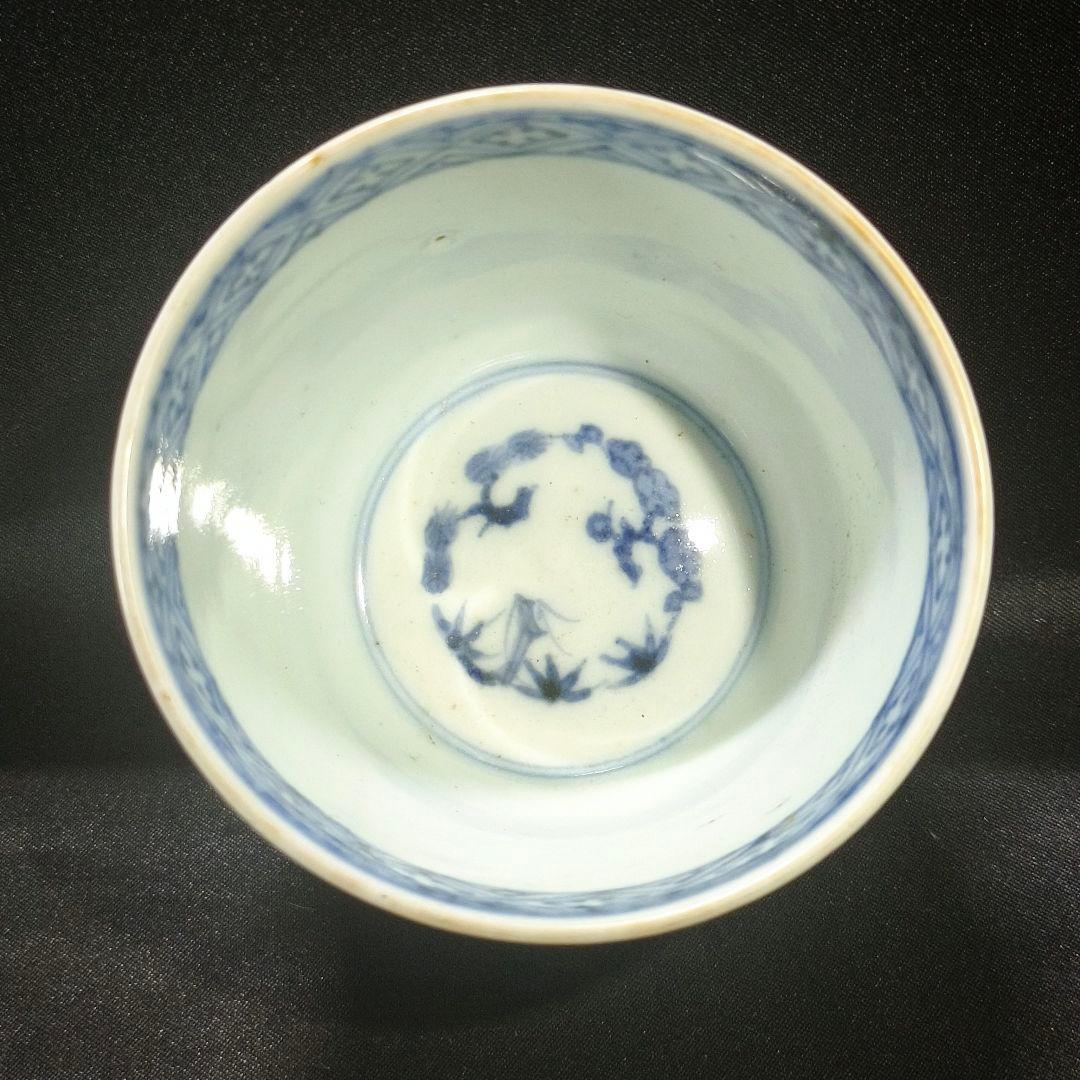 古伊万里 色絵金彩そば猪口 草花文 経菱 四方襷 花蝶文 手描き 蒐集家放出骨董