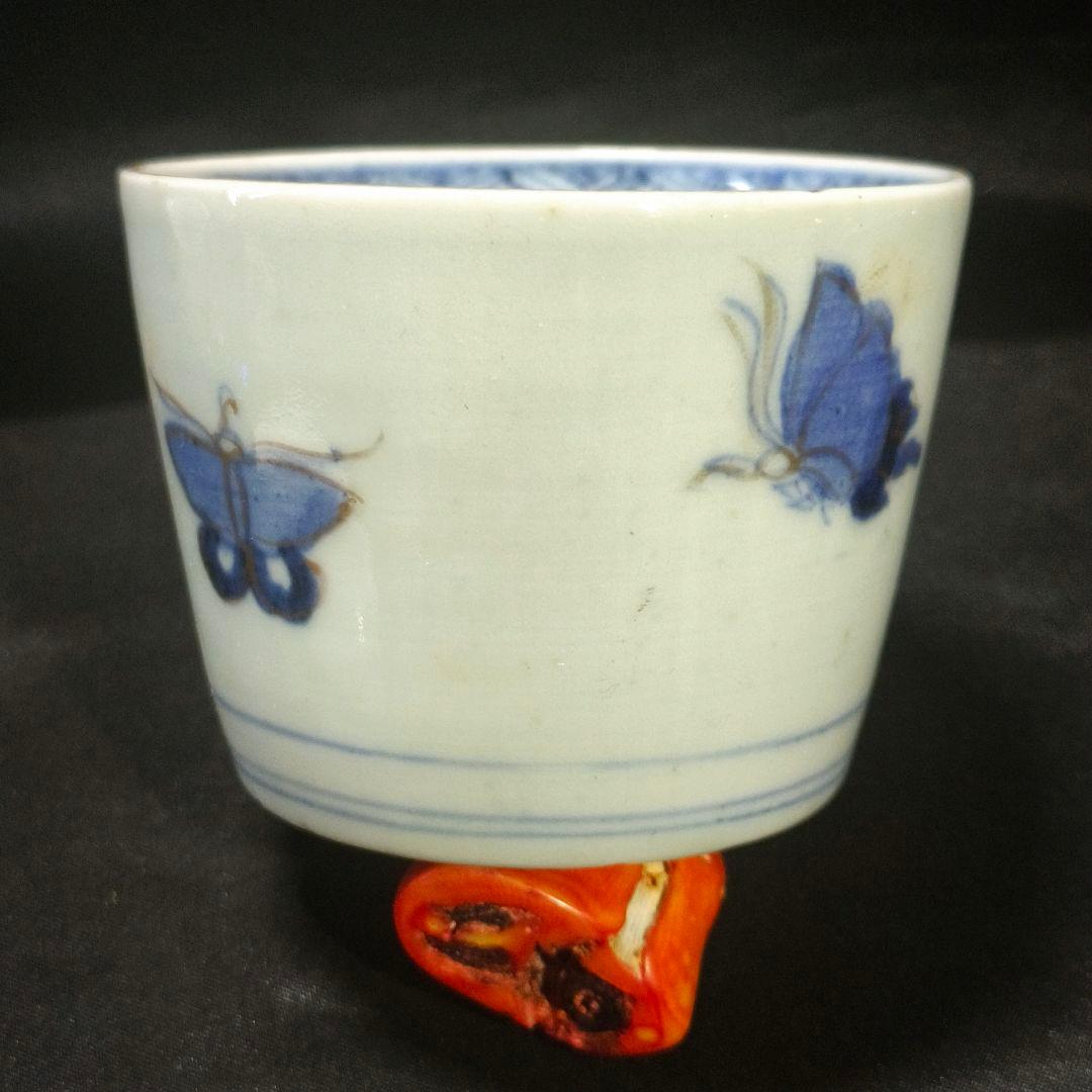 古伊万里 色絵金彩そば猪口 草花文 経菱 四方襷 花蝶文 手描き 蒐集家放出骨董