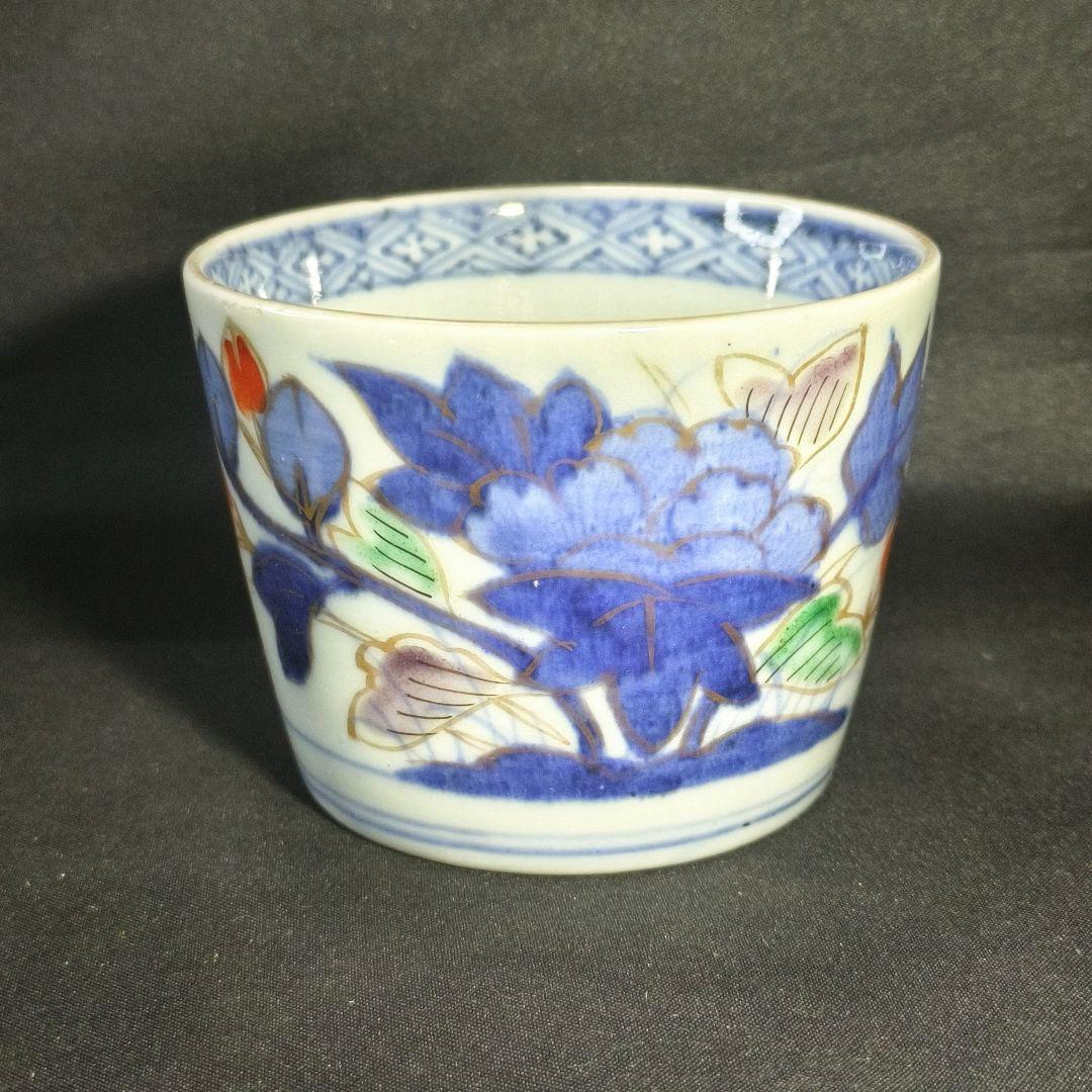 古伊万里 色絵金彩そば猪口 草花文 経菱 四方襷 花蝶文 手描き 蒐集家放出骨董