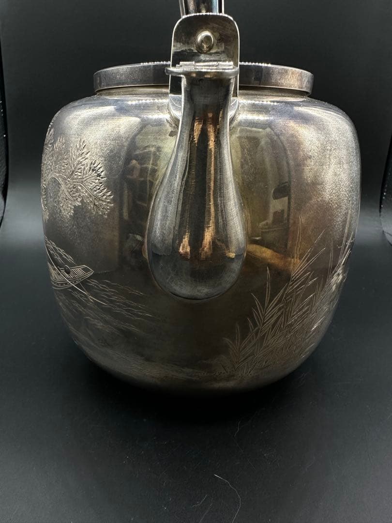 純銀 銀瓶 水差 大水指 彫刻 片切彫 箱あり 1201g 骨董