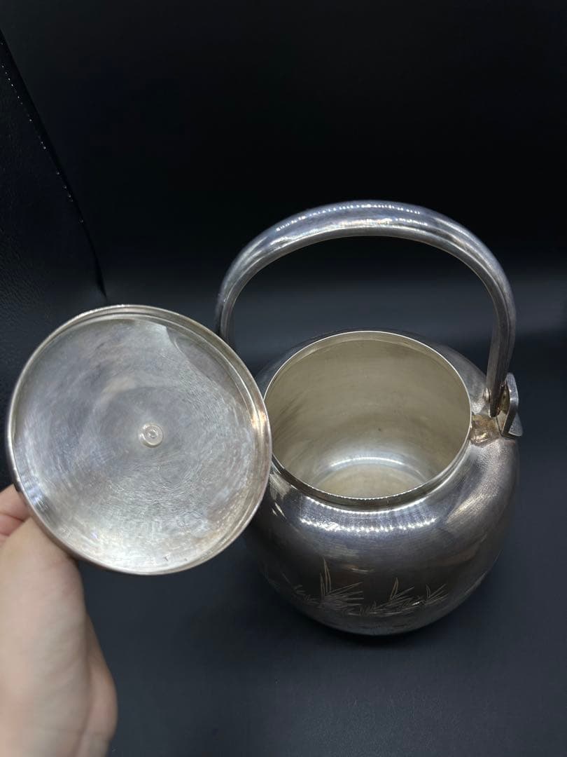 純銀 銀瓶 水差 大水指 彫刻 片切彫 箱あり 1201g 骨董