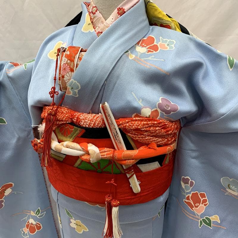 511ag78□七五三 七歳 女児 着物&袋帯 金彩 梅 水色□状態良好