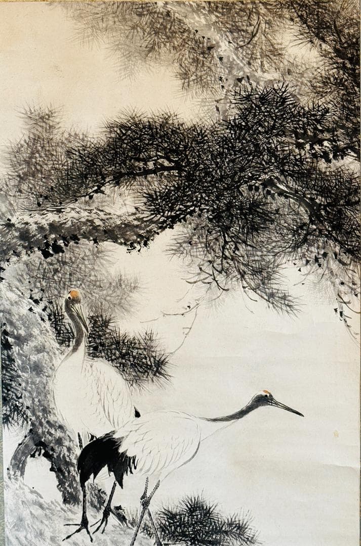 時代年代物 掛軸 水墨画 在銘 松に双鶴 日本画