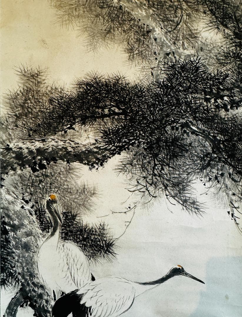 時代年代物 掛軸 水墨画 在銘 松に双鶴 日本画