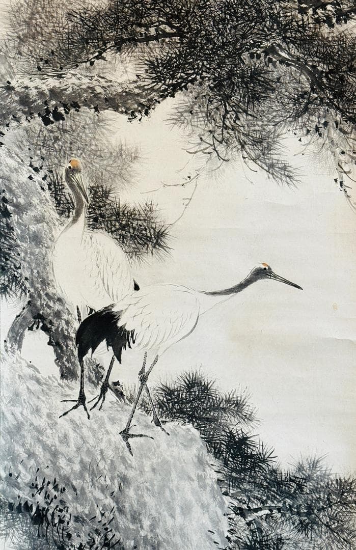 時代年代物 掛軸 水墨画 在銘 松に双鶴 日本画