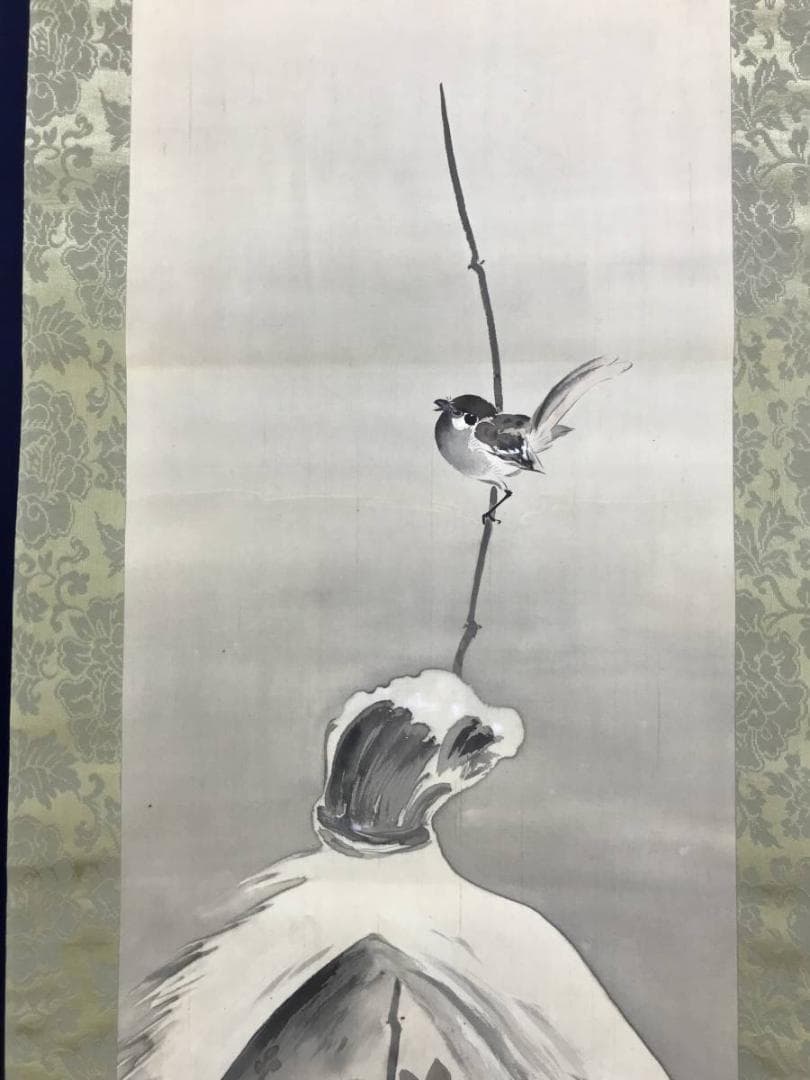 【真作】良弘/寒牡丹に雀図/牡丹図/花図/掛軸/名家伝来/AD-692