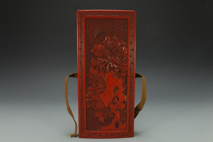 象堂山人造 讃岐彫 讃岐堆朱 牡丹紋 文箱 共箱 旧家蔵出