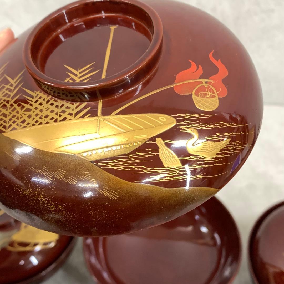 吸物椀 5客 絵変わり 塗り 溜絵 正月 賀正 金彩 汁椀 雑 C