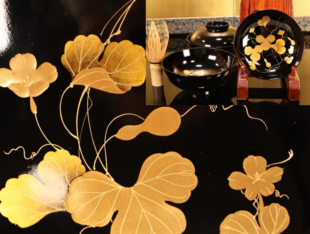 BK411 時代輪島塗 瓢箪図金蒔絵 吸物椀 二客 木製 茶道具 懐石 会席