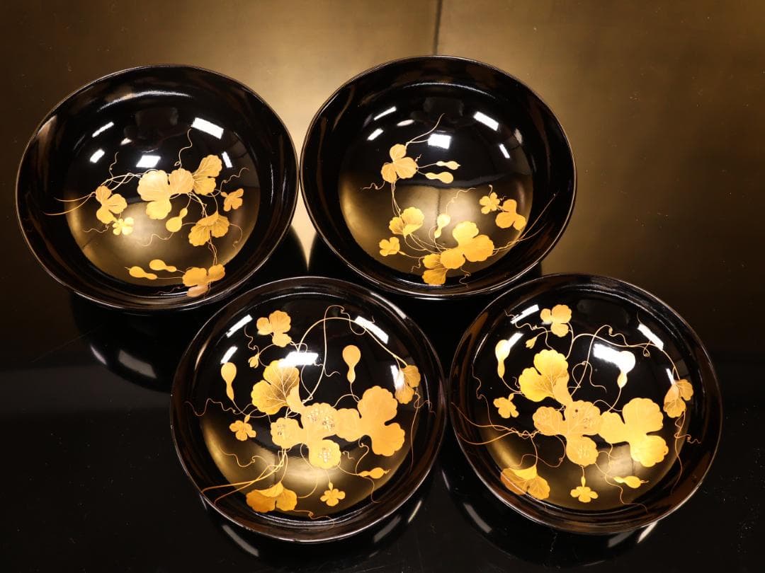 BK411 時代輪島塗 瓢箪図金蒔絵 吸物椀 二客 木製 茶道具 懐石 会席