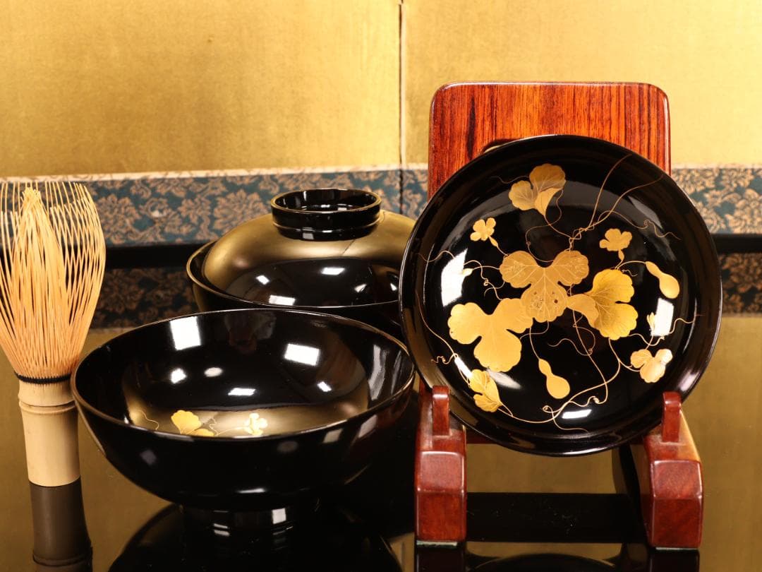 BK411 時代輪島塗 瓢箪図金蒔絵 吸物椀 二客 木製 茶道具 懐石 会席