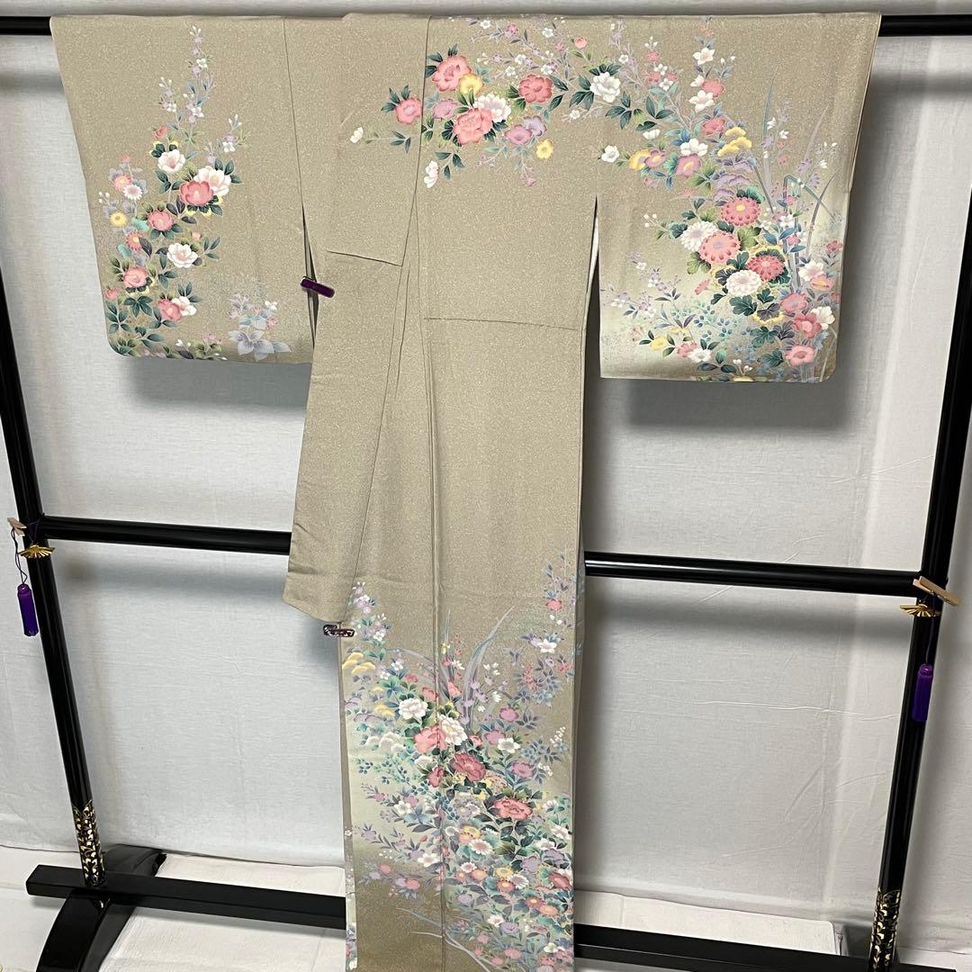D606 訪問着手描き友禅花模様正絹着物袷極美品