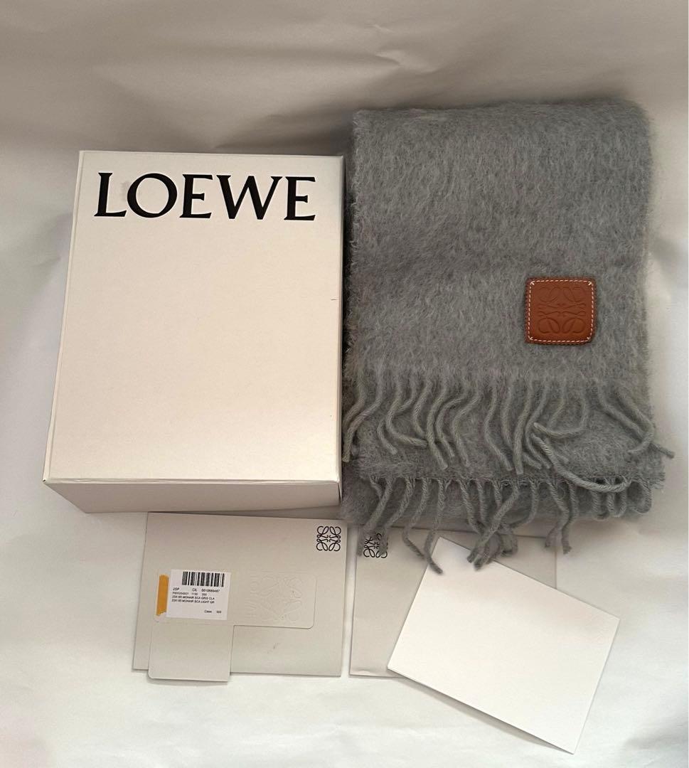 ロエベ マフラー カシミヤ混 アナグラム刺繍 ロゴ フリンジ ライト