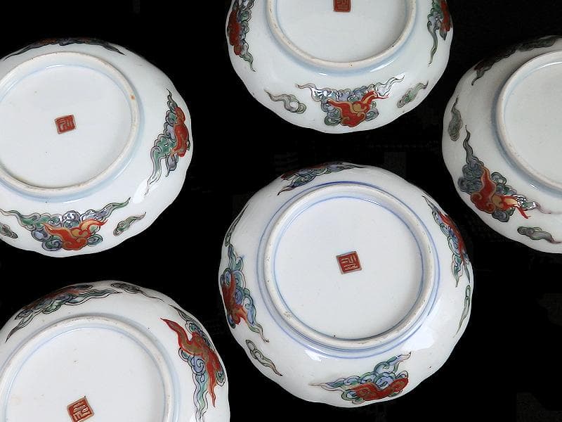 古伊万里　色絵　傘美人に筍掘りの図　４寸皿　５枚　A697AS-BZq