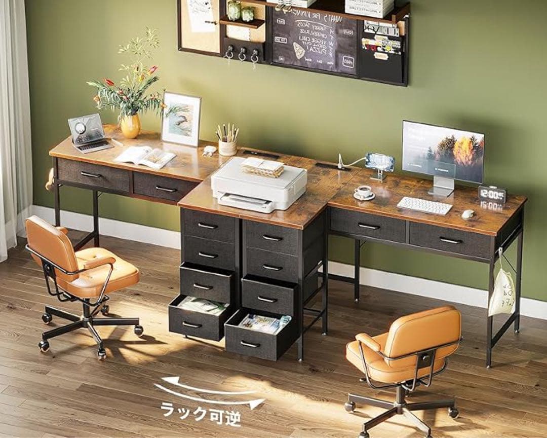 12/16迄L字デスク 引き出6杯付き 幅106cmコンセント付き 右棚左棚