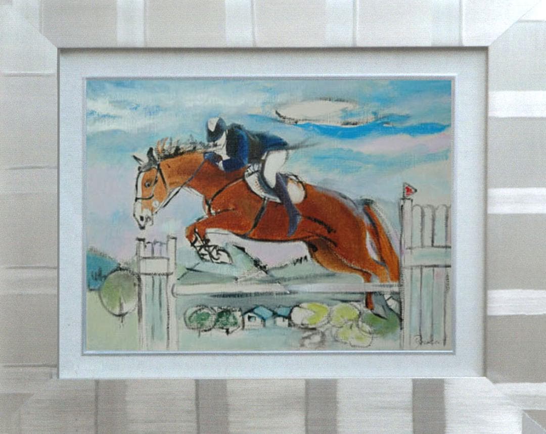 油絵 菅家令子 絵 絵画インテリア額付(青緑＋金色の枠) F4-121712乗馬