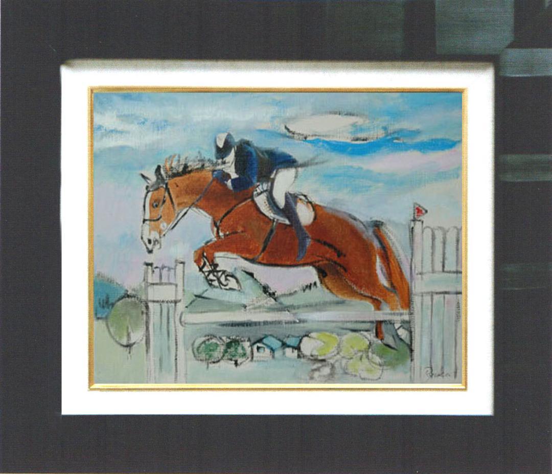 油絵 菅家令子 絵 絵画インテリア額付(青緑＋金色の枠) F4-121712乗馬