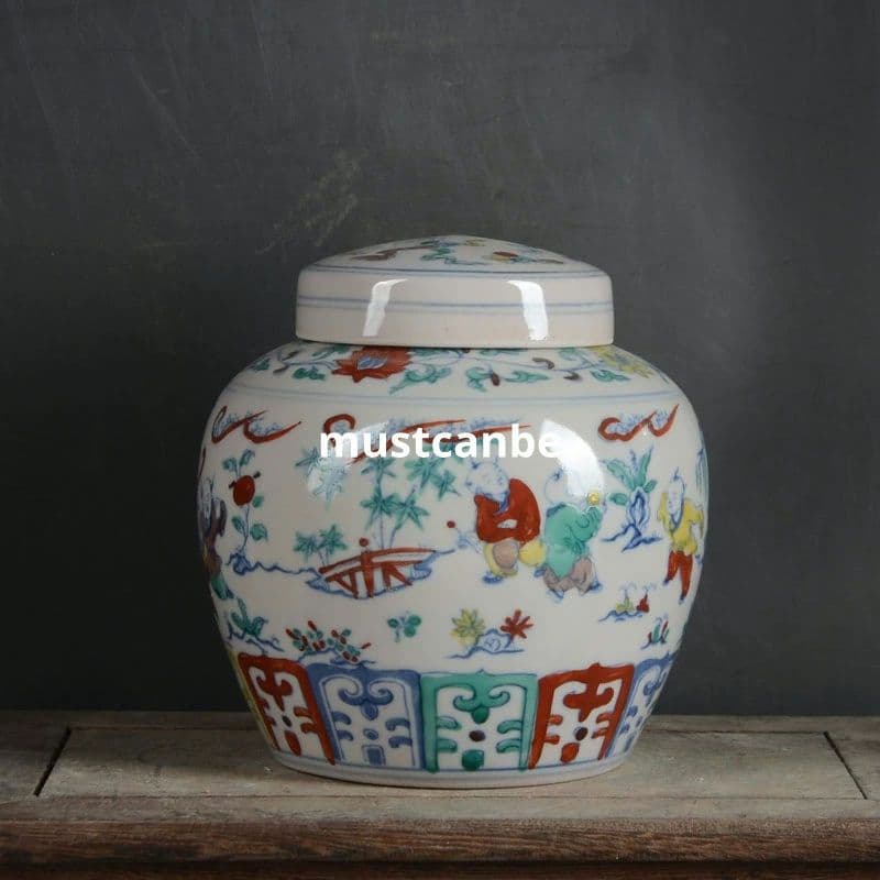 斗彩童子紋紅胎缶 景徳鎮 陶磁器 装飾品 現代工芸品 美術品 置物 斗彩童子紋紅胎缶 景徳鎮 陶磁器 装飾品 現代工芸品 美術品 置物 斗彩