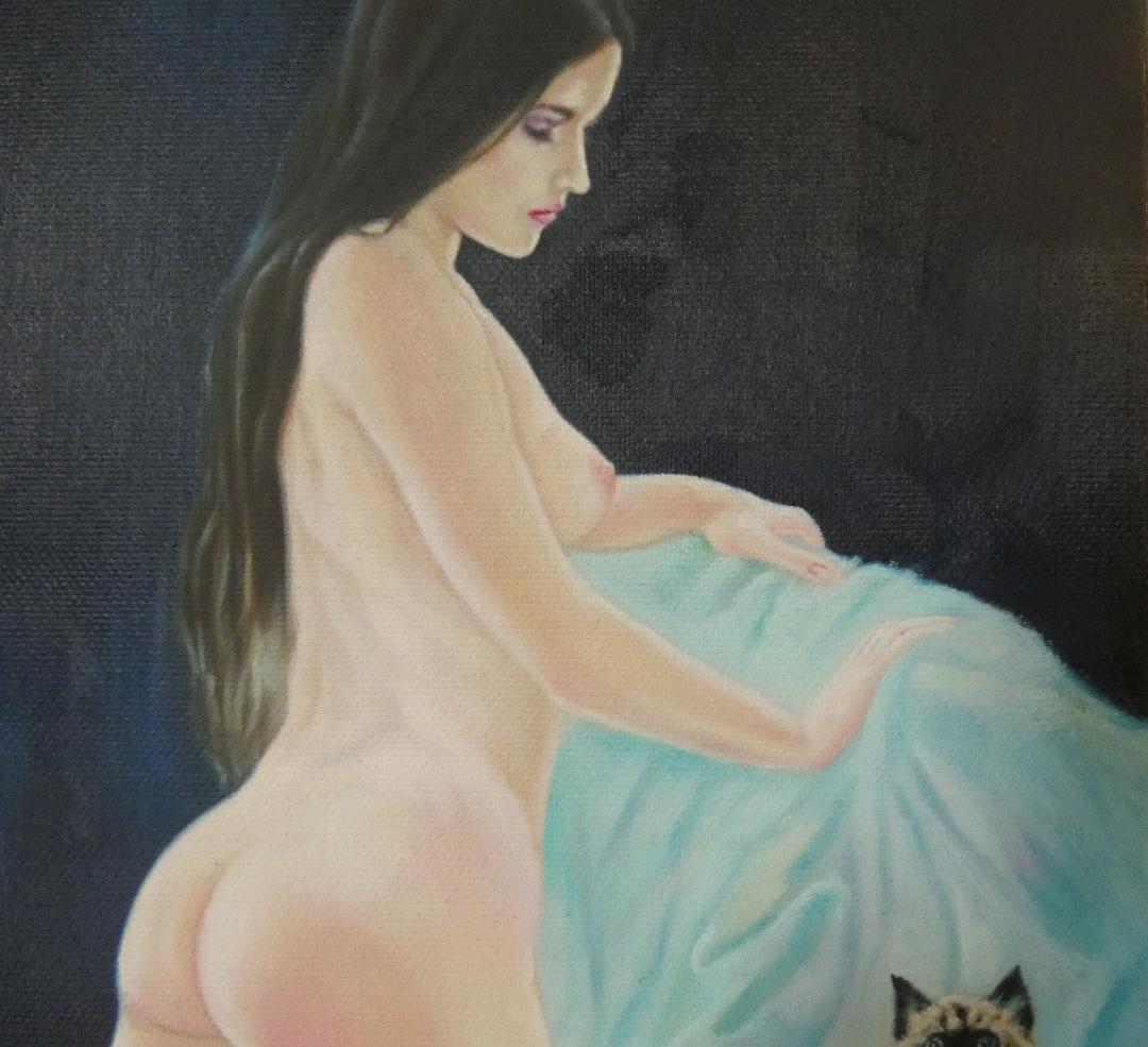 油絵　額付き　浜辺順　F6 【　ネコ　】手描き　肉筆