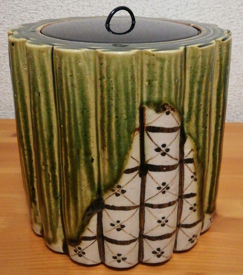 長谷川青峯作 織部焼 輪花 水指 共箱 茶道具