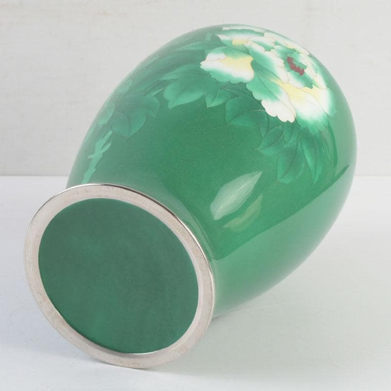 七宝焼 緑釉 牡丹文 花瓶 唐木台付 V 9324 花瓶 陶芸