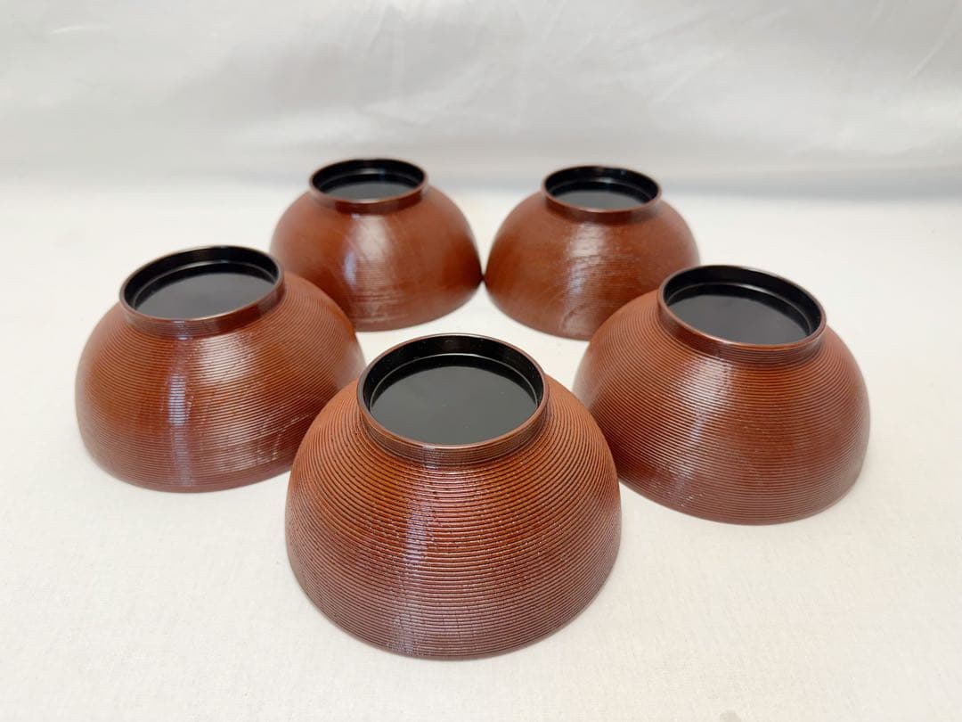 ほぼ未使用 懐石道具 天然木製 本漆塗 千筋 雑煮椀 5客