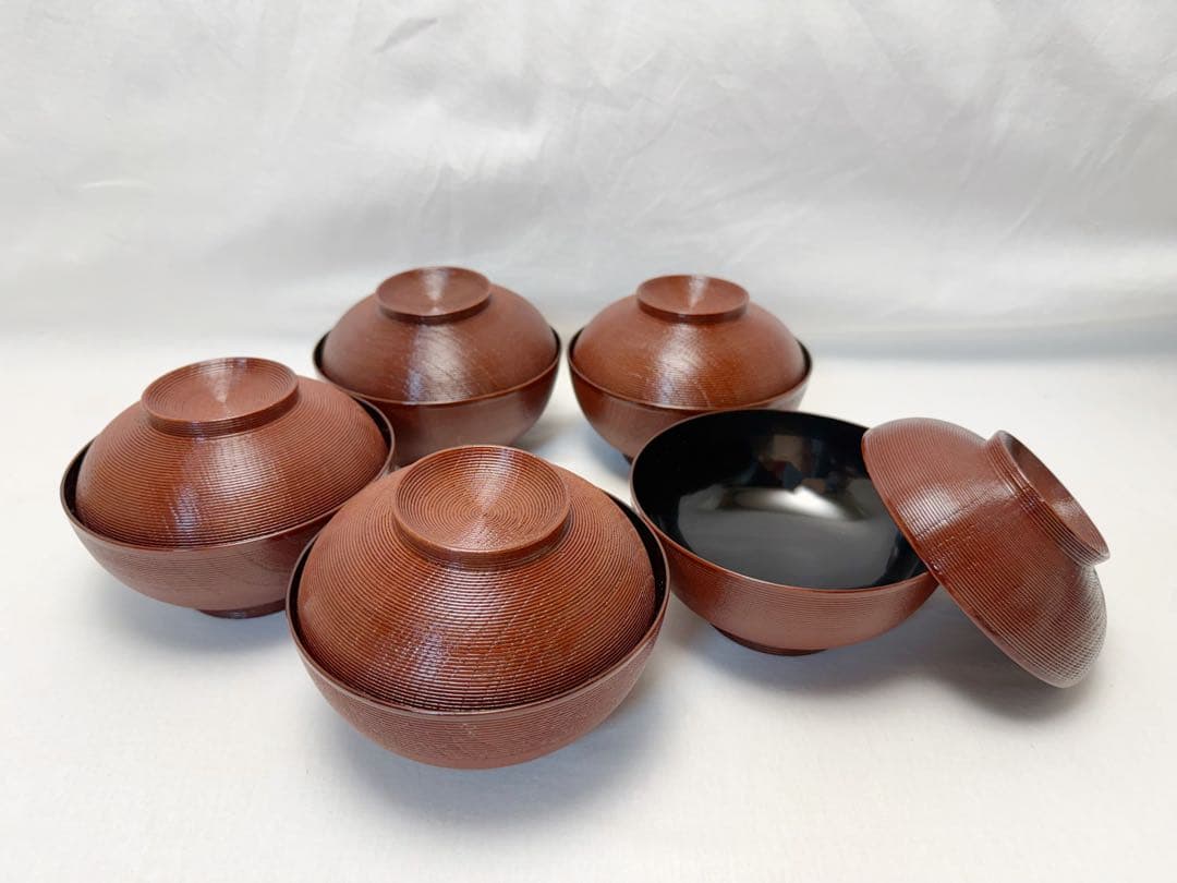 ほぼ未使用 懐石道具 天然木製 本漆塗 千筋 雑煮椀 5客揃 溜塗 内黒 共箱