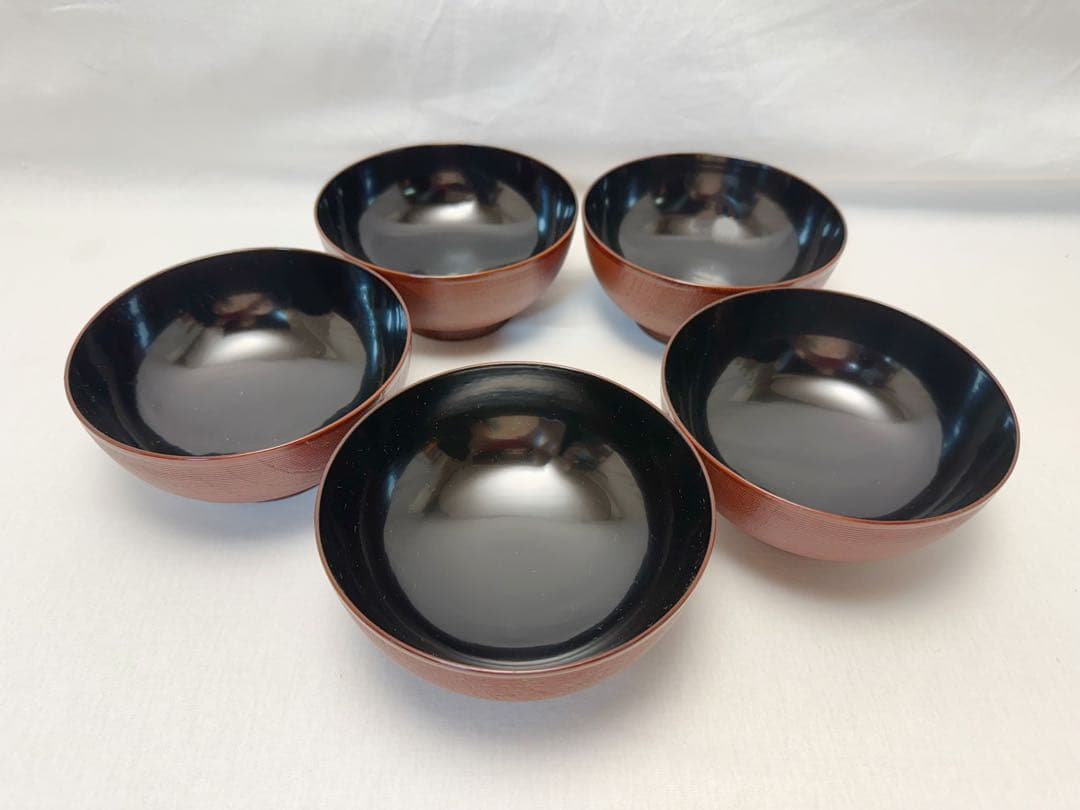 ほぼ未使用 懐石道具 天然木製 本漆塗 千筋 雑煮椀 5客揃 溜塗 内黒 共箱