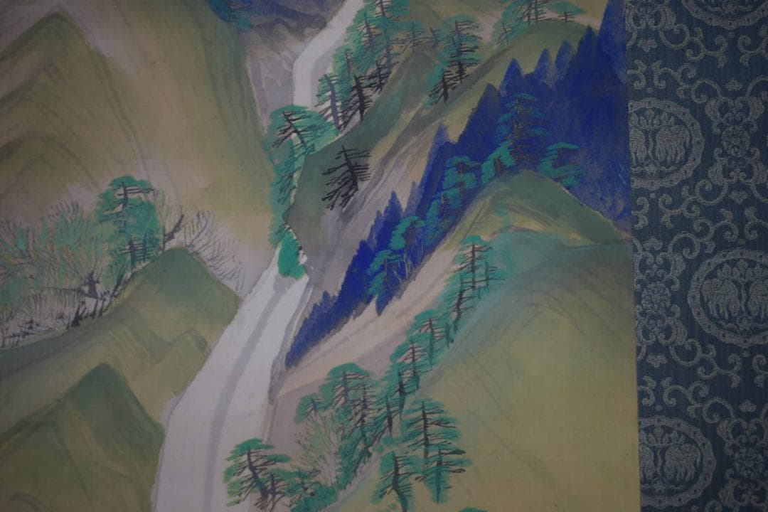 真作/大関禹江/夏景山水図/山水家図/渓流滝図/渓流瀧図/布袋屋掛軸HI-942