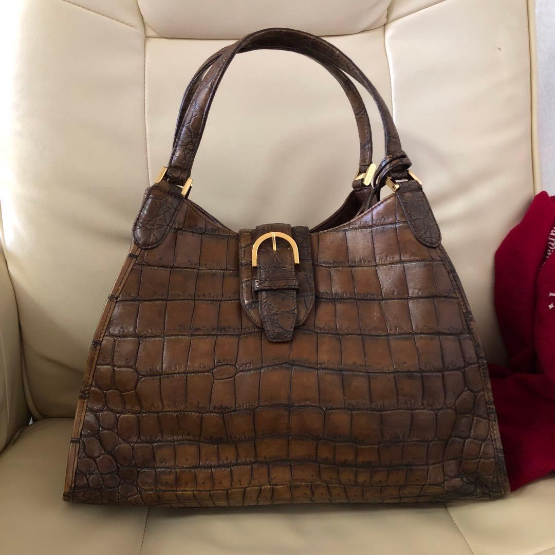 レザージュエルズ マットクロコダイル ハンドバッグ モデルT ブラウン