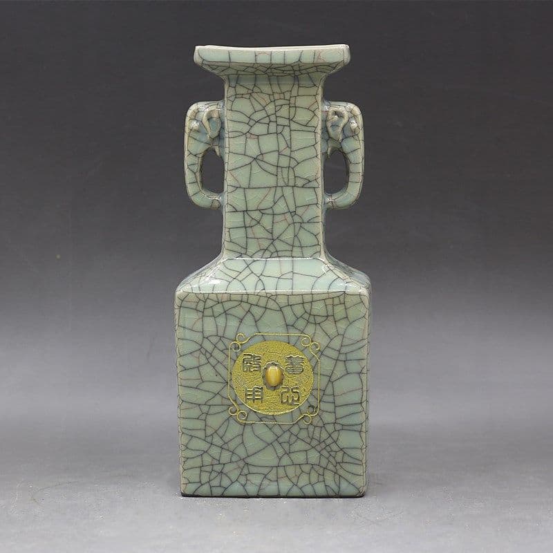 宋代兄窯開片金象嵌宝石象耳四方瓶景徳鎮 陶磁器 装飾品 現代工芸品