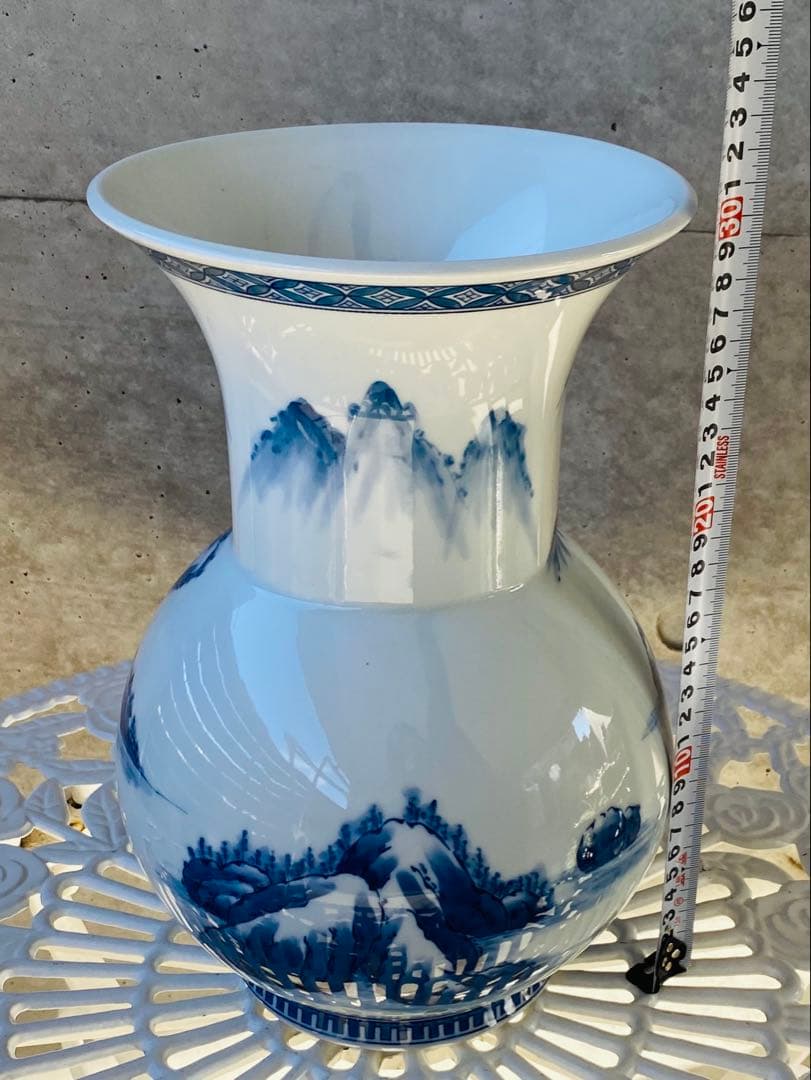 青白磁 山水画 フラワーベース