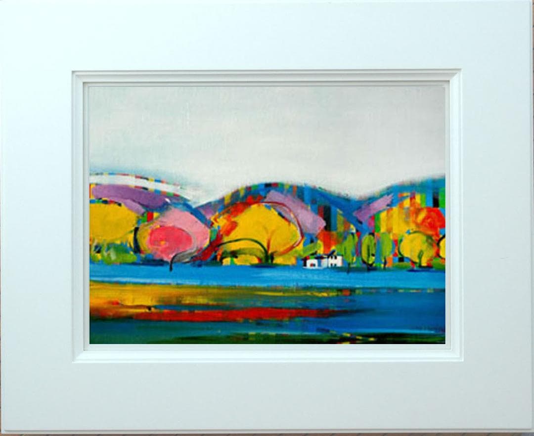 油絵 菅家令子 絵 絵画インテリア額付(青緑＋金色の枠)uF6-081811風景