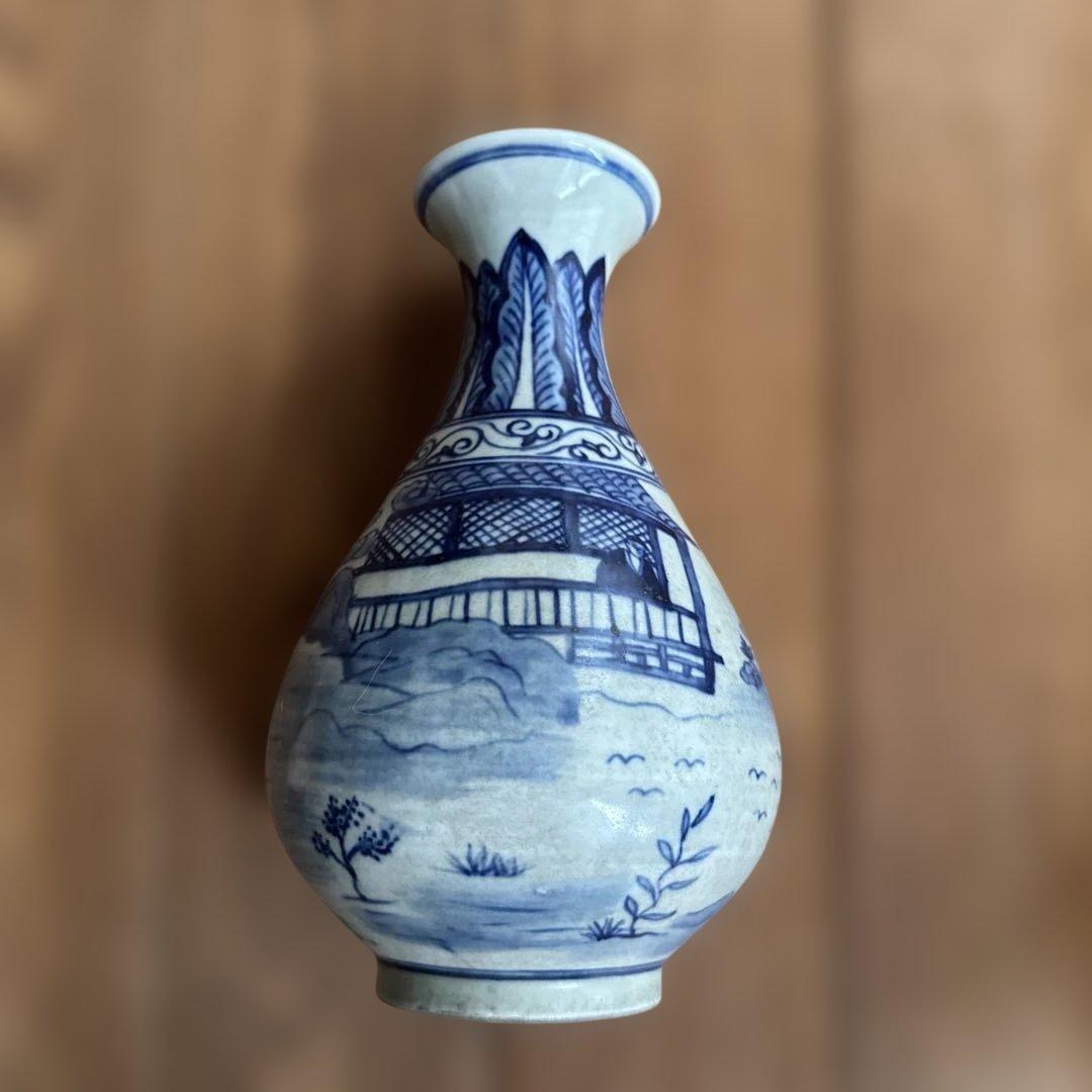 青白磁 中国骨董 壺 中国古美術 清時代 景徳鎮 青花山川紋