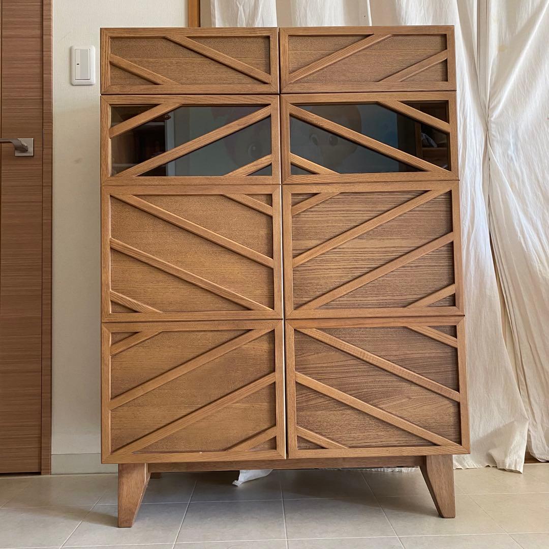 北欧 アンティーク キャビネット チェスト 格子 オーク ガラス 脚付き