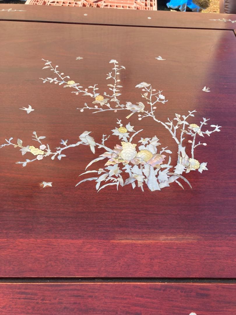 アンティーク　螺鈿ダイニングテーブル　正方形　一本脚　850×850